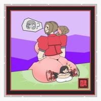 breasts black_hair butt brunette aerith_gainsborough shrunken_woman braid butt_squish multiple_girls giantess drawing