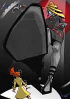 drawing giantess feet high_heels low_angle looming shrunken_woman under_foot imminent_crush looming_foot galaxytrousers ghost_trick lynne beauty_(ghost_trick)