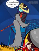 drawing giantess feet low_angle sitting foot_crush nylons shrunken_man under_foot dialogue majoumegami ghost_trick sissel_(ghost_trick) beauty_(ghost_trick)