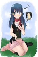 giantess pokemon shoes socks dawn dawn_(pokemon) breasts drawing mega black_hair color blue_eyes handheld skirt blue_hair smiling dress boots kneeling dangle scarf bare_legs jackilyn cutaway
