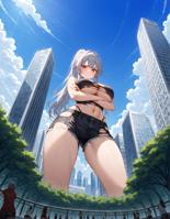 breasts white_hair panties blushing city mega large_breasts long_hair cleavage buildings green_eyes angry park ponytail sun unknown_artist shorts clouds thighs trees ripped_clothing source_needed bare_legs bare_midriff looking_at_tinies ai_art giantess