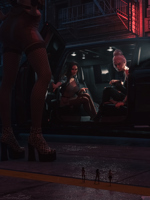 breasts city blonde black_hair butt cleavage skirt high_heels buildings jeans street ponytail sitting fishnets shrunken_woman vehicles night thighs jacket rings necklace top belt hands_on_hips sidewalk zipper leopard_print sorenzer0 digital_render hair_bun bare_legs looking_at_tinies