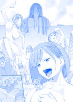 giantess attack_on_titan tawawa_on_monday breasts drawing nude giga manga mega monochrome large_breasts long_hair handheld barefoot cleavage buildings bed huge_breasts breast_crush multiple_sizes open_mouth dangle bedroom crowds running_away wall looking_at_tiny cutaway nightmare between_breasts strangestone