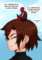 drawing giantess mega color brunette short_hair sitting phone mask costume closed_eyes earrings dialogue legs_crossed janet_van_dyne spider-man on_head marvel_comics the_wasp peter_parker avengers