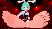 breasts micro toes red_eyes uniform chains belt giantess feet barefoot blue_hair sitting shrunken_woman indoors rabbit_girl umineko_no_naku_koro_ni beatrice looking_at_tiny digital_render rabbit_ears flothefloozy chiester_410