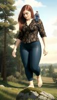 giantess breasts mega black_hair toes barefoot brunette unknown_artist forest pants shirt trees on_shoulder ai_art