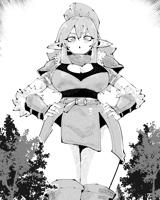 breasts drawing mega monochrome color large_breasts cleavage skirt boots forest thighs trees looking_at_viewer belt hands_on_hips goblin pointed_ears bare_legs shoulder_pads miregeist giantess velverelle