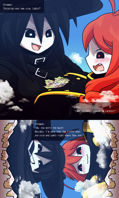 drawing gentle giantess blushing giga city comic black_hair color long_hair buildings smiling story red_hair day looming looking_down giantesses breast_play cat_girl clouds outdoors sky hat point_of_view looking_at_viewer dialogue white_skin witch_hat between_breasts thesigmaarts funamusea chlomaki lobco breasts large_breasts witch on_breasts wadanohara_and_the_great_blue_sea