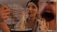 breasts vore black_hair saliva brown_eyes asian table shrunken_woman shrunken_man open_mouth bowl stairs indoors food_play milf shirt earrings hanging_on noodles digital_render cutaway looking_at_tinies bakedalaskabigs