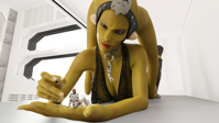 breasts crush alien armor handheld cleavage green_eyes shoes breast_crush lying_down star_wars fishnets shrunken_man tentacles indoors hanging_on helmet green_skin looking_at_tiny digital_render clothing_entrapment oola celton twilek headdress stormtroopers lekku