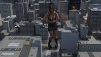 breasts mega cleavage bra skirt brunette military ponytail boots fire fishnets jets water_tower bare_midriff giantess city black_hair large_breasts destruction clothed buildings missiles digital_render taintedwizard
