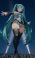 breasts giantess panties hatsune_miku city long_hair skirt buildings underwear smiling vocaloid boots twintails open_mouth night thighs sky pleated_skirt striped from_below thigh_highs striped_panties headset thick_thighs spotlight detached_sleeves thigh_boots necktie starry_sky night_sky very_long_hair solo ai_art medium_breasts yuegts skindentation aqua_eyes aqua_hair