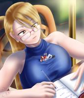 drawing giantess color glasses shrunken_man ace_attorney kogochew between_breasts adrian_andrews matt_engarde_