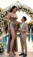 gentle black_hair large_breasts long_hair clothed cleavage high_heels smiling asian dress legs amazon suit standing size_comparison flowers looking_at_tiny ai_art i_love_tall_women