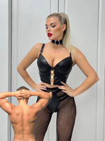 badgerclaw breasts collage blonde long_hair cleavage ponytail collar fishnets shrunken_man naked_man standing lipstick size_comparison dominatrix submissive hands_on_hips latex_outfit hands_behind_head