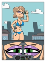bikini breasts drawing giantess city mega comic color large_breasts handheld rampage cleavage buildings helicopter green_eyes angry brunette vehicles reflection clouds thighs outdoors sky hands_on_hips riho_futaba looking_at_tiny bare_legs bare_midriff heavy_eyeshadow 0juanja0