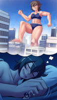 breasts drawing giantess nude blushing city sleeping black_hair color destruction handheld rampage buildings glasses bed angry brunette sweat brown_eyes short_hair foot_crush muscles shorts abs shrunken_woman dream thighs bedroom closed_eyes pillows sports_bra tina bare_legs thunderafterdark bare_midriff