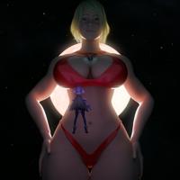 bikini breasts giantess earth giga blonde space black_hair large_breasts long_hair swimsuit planet cleavage multiple_sizes camel_toe sun giantesses costume galacta stars hands_on_hips helmet looking_at_tiny digital_render cosmic_giantess bare_legs marvel_comics bare_midriff justablenderusername marvel_rivals