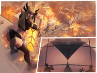 breasts drawing giantess city mega blonde black_hair color long_hair butt destruction blue_eyes sword rampage buildings butt_crush gloves boots fire shorts cruel vehicles thighs costume top looking_behind debris bare_legs cutaway bare_midriff spider_woman pickyroman magik jessica_drew spider-woman x-men