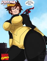 breasts drawing giantess city mega color buildings brunette brown_eyes smiling short_hair mask costume earrings looking_at_viewer dialogue legs_crossed cover_page thick_thighs on_shoulder janet_van_dyne spider-man marvel_comics the_wasp peter_parker inchhighjedi