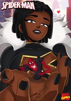 breasts drawing giantess city mega color handheld cleavage buildings brown_eyes smiling short_hair shrunken_man mask dark_skin clone costume x-men cover_page emma_frost looking_at_tiny spider-man marvel_comics peter_parker black_diamond