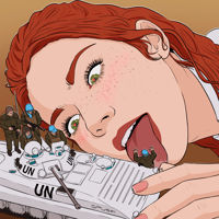 drawing green_eyes tank red_hair shrunken_man nail_polish looking_at_viewer soldiers spuski giantess vore mouthplay