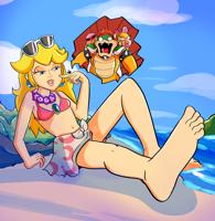 giga toes lying_down airship cutaway bikini breasts drawing giantess blonde color blue_eyes beach barefoot skirt princess_peach water ocean sitting bowser super_mario koopa mage earrings on_finger bare_legs bare_midriff looking_at_tinies provocatid