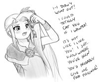 drawing giantess monochrome handheld hand shrunken_man dangle dialogue implied_vore viridi kid_icarus tsundere alloyrabbit pit_(kid_icarus) long_hair no_background looking_at_tiny