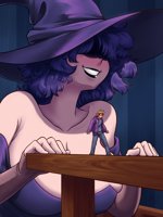 giantess witch breasts drawing blushing blonde color large_breasts purple_hair grin table shrunken_man pants hat jacket witch_hat shygts