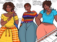 gentle giantess breasts drawing mega blonde color jeans shoes brunette smiling dress sunglasses pants dark_skin thighs guitar sweater jacket rings necklace earrings top bracelet dialogue legs_crossed thick_thighs on_shoulder no_background looking_at_tiny clothing_entrapment between_breasts sweaterpupster