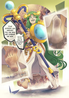 drawing giantess crush feet city mega color destruction toes barefoot stockings foot_crush dirty_soles dirty_socks dialogue palutena kid_icarus galaxytrousers galaxy2trousers giga green_eyes goddess green_hair staff belt