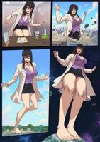 breasts drawing growth giantess panties giga mega upskirt space comic black_hair color large_breasts destruction planet toes barefoot cleavage skirt buildings glasses outgrowing_building mountains scientist thighs shirt lab_coat debris test_tube cosmic_giantess bare_legs elli_grande