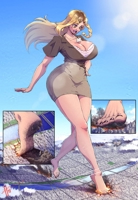 toes brown_eyes breasts drawing giantess giga city mega blonde color large_breasts destruction barefoot cleavage skirt water high_heels buildings foot_crush airplane smoke clouds thighs shirt braid earrings hands_on_hips office_lady cutaway zerohour99 foot_prints name_badge danika