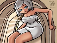 breasts drawing growth giantess white_hair color blue_eyes cleavage ginormica dress short_hair wedding_dress bride monsters_vs_aliens church looking_at_viewer ripped_clothing bare_legs susan_murphy dreamworks omnimandraws