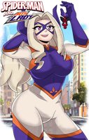 breasts drawing giantess horns city mega blonde color large_breasts long_hair crossover buildings purple_eyes gloves mask avengers thighs costume earrings thick_thighs on_finger looking_at_tiny spider-man marvel_comics my_hero_academia peter_parker webs inchhighjedi
