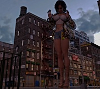 breasts city mega black_hair toes high_heels shorts thighs necklace earrings top looking_at_tiny water_tower digital_render bare_legs bare_midriff gpines large_breasts giantess buildings looking_down