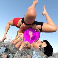breasts giantess giga city mega blonde black_hair large_breasts long_hair destruction toes barefoot buildings purple_eyes mandy wrestling shorts fighting giantesses clover totally_spies top belt ripped_clothing digital_render bare_legs bare_midriff harbingerinfinit blue_eyes