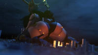 giantess horns city mega black_hair long_hair butt destruction high_heels buildings green_eyes goddess boots kneeling explosion skyscraper avengers thighs outdoors stars looking_behind helmet thick_thighs loki digital_render marvel_comics scepter bakedalaskabigs marvel_rivals lady_loki night