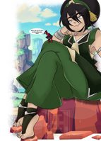 breasts drawing giantess mega black_hair color crossover toes barefoot smiling short_hair sitting mountains mask pants thighs toph costume blind rocks dialogue cliff hairband legs_crossed avatar_the_last_airbender armbands hair_bun spider-man marvel_comics peter_parker inchhighjedi