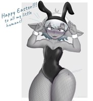 giantess goblin breasts drawing white_hair blushing monochrome bunny_ears cleavage fangs shrunken_man bunny_suit thighs top looking_at_viewer leotard dialogue no_background pointed_ears clothing_entrapment ozterd