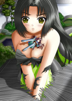 giantess breasts drawing blushing tail black_hair color long_hair armor cleavage purple_hair boots kneeling snake_girl pond wall sera on_breasts ayumu ilolamai