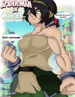 breasts drawing giantess mega black_hair color crossover short_hair muscles shrunken_man mountains mask pants thighs toph costume blind bracelet dialogue cliff hairband on_shoulder avatar_the_last_airbender armbands hair_bun spider-man marvel_comics fists peter_parker inchhighjedi