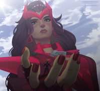 long_hair handheld gloves earrings looking_at_viewer outofscaletk giantess hand ant-man marvel_comics scarlet_witch