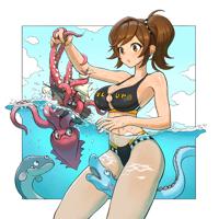 breasts large_breasts swimsuit cleavage water brunette day open_mouth cloud tentacles sky octopus black_bikini datinsl hair_scrunchie drawing bikini giantess ships sea_monsters