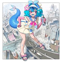 giantess breasts drawing blushing tail city mega color destruction handheld toes rampage cleavage buildings blue_hair dress sandals pink_eyes bus parody falling vehicles high_way truck straddling monster_girl hair_bow necklace bracelet hands_on_hips debris attack_of_the_50_foot_woman bare_legs hair_band flower_in_hair looking_at_tinies datinsl