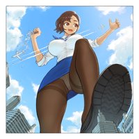 breasts drawing panties city mega upskirt color destruction handheld rampage skirt buildings shoes brunette stockings brown_eyes short_hair airplane tie hand_crush clouds shirt point_of_view office_lady imminent_crush debris hair_pin datinsl giantess