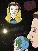giantess marvel_comics scarlet_witch drawing earth giga blonde space color planet handheld green_eyes sun sniff closed_eyes dialogue stars cosmic_giantess jakeunderf00t