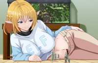 breasts drawing blonde color blue_eyes barefoot blue_hair brunette green_hair lying_down shrunken_woman shrunken_man overalls pants thighs indoors top hands_on_hips pointed_ears bare_legs bare_midriff 1themainman1 giantess multiple_sizes elf