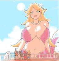 giantess mermaid breasts drawing mega blonde large_breasts long_hair sword cleavage water ocean blue_hair red_hair ponytail sun necklace ships earrings colors bare_midriff looking_at_tinies sakugami color