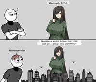 breasts drawing giga city mega comic black_hair color large_breasts long_hair buildings helicopter pants sweater meme anon brain anybrody giantess